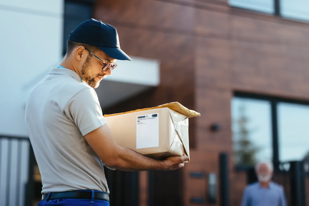 Paketbote prüft das Adressetikett eines Pakets vor der Zustellung